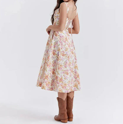 Women’s Midi Dress – Corset Bodice – Wide Straps – Side Slit – Floral Print