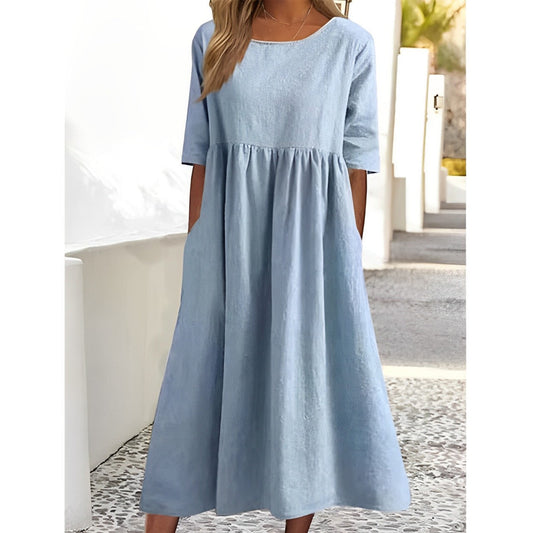 Women's Midi Dress - Cotton Linen Blend - A-Line Relaxed Fit - Short Sleeve with Pockets