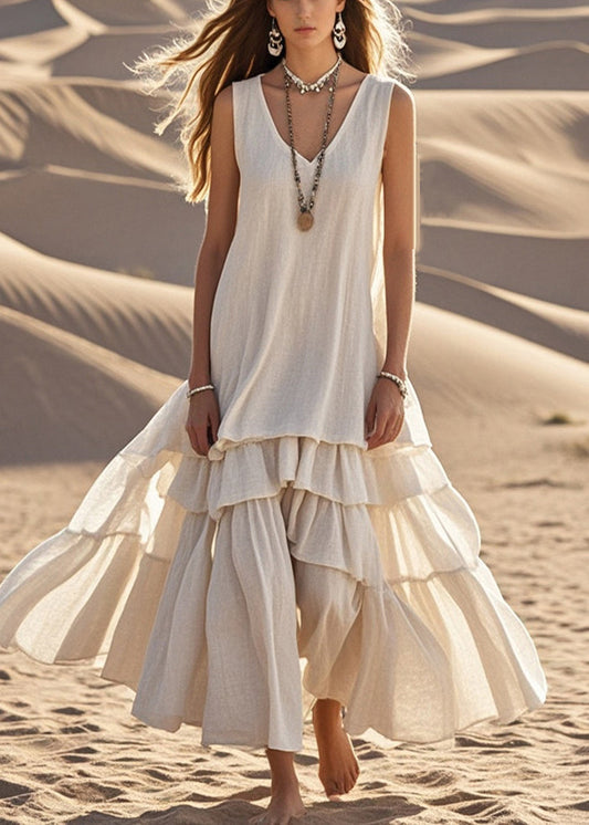 Women’s Maxi Dress – Sleeveless Relaxed Fit – V-Neck Tiered Hem – Natural Fibers