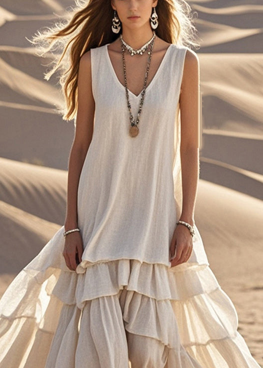 Women’s Maxi Dress – Sleeveless Relaxed Fit – V-Neck Tiered Hem – Natural Fibers