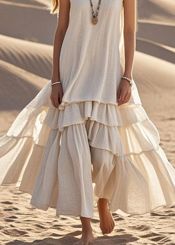 Women’s Maxi Dress – Sleeveless Relaxed Fit – V-Neck Tiered Hem – Natural Fibers