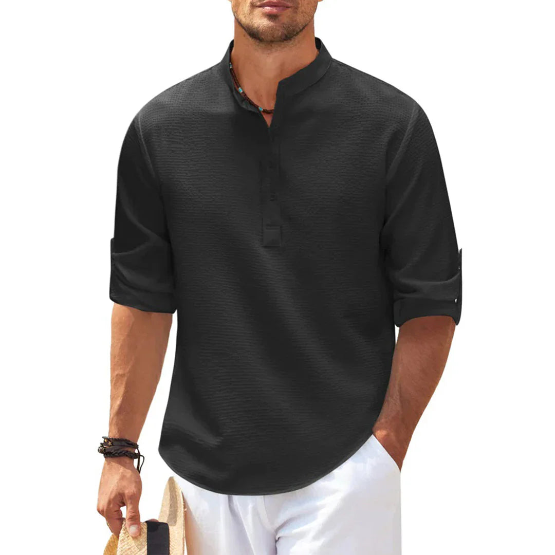 Men’s Casual Shirt – Relaxed Fit – Mandarin Collar – Breathable Blend – Roll-Up Sleeves