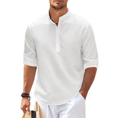Men’s Casual Shirt – Relaxed Fit – Mandarin Collar – Breathable Blend – Roll-Up Sleeves