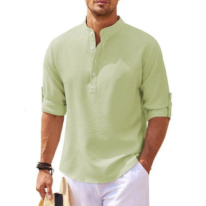 Men’s Casual Shirt – Relaxed Fit – Mandarin Collar – Breathable Blend – Roll-Up Sleeves