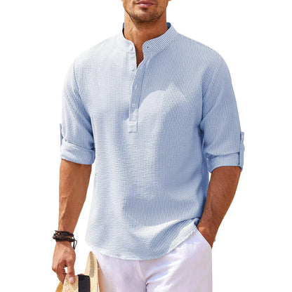Men’s Casual Shirt – Relaxed Fit – Mandarin Collar – Breathable Blend – Roll-Up Sleeves