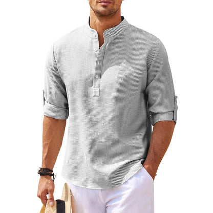Men’s Casual Shirt – Relaxed Fit – Mandarin Collar – Breathable Blend – Roll-Up Sleeves