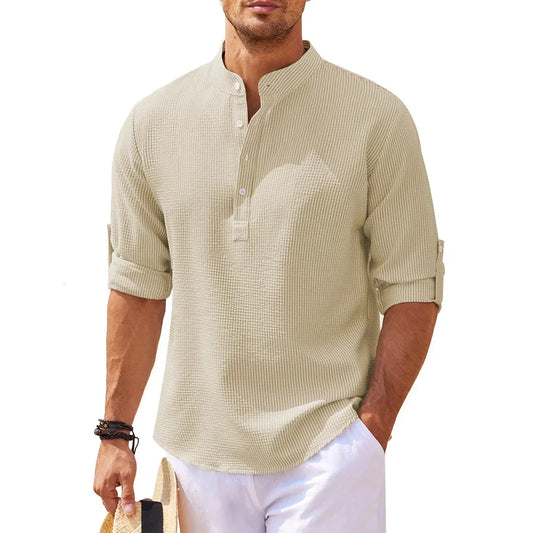 Men’s Casual Shirt – Relaxed Fit – Mandarin Collar – Breathable Blend – Roll-Up Sleeves