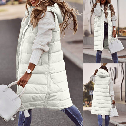 Women’s Long Bodywarmer – Quilted Padded – Oversized Fit – Hooded Sleeveless Layer
