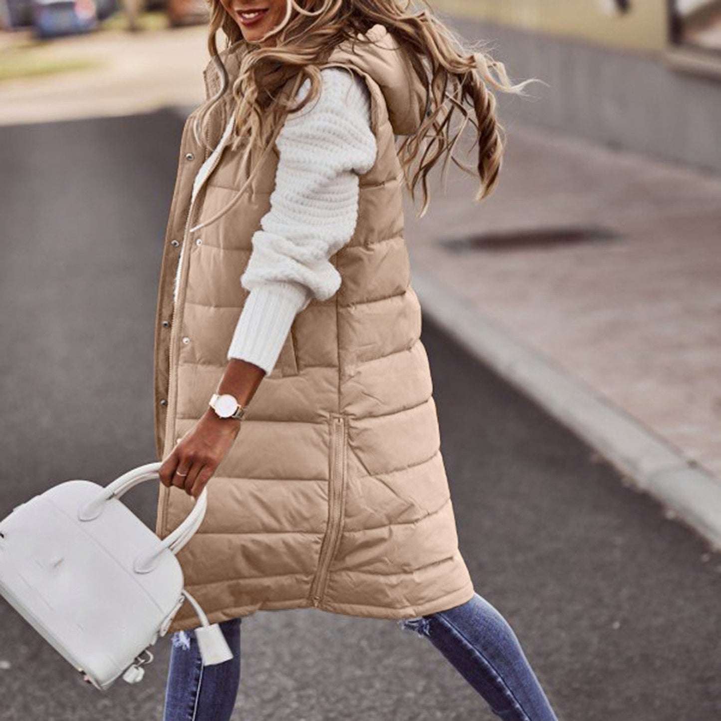Women’s Long Bodywarmer – Quilted Padded – Oversized Fit – Hooded Sleeveless Layer