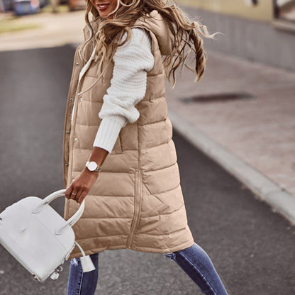 Women’s Long Bodywarmer – Quilted Padded – Oversized Fit – Hooded Sleeveless Layer