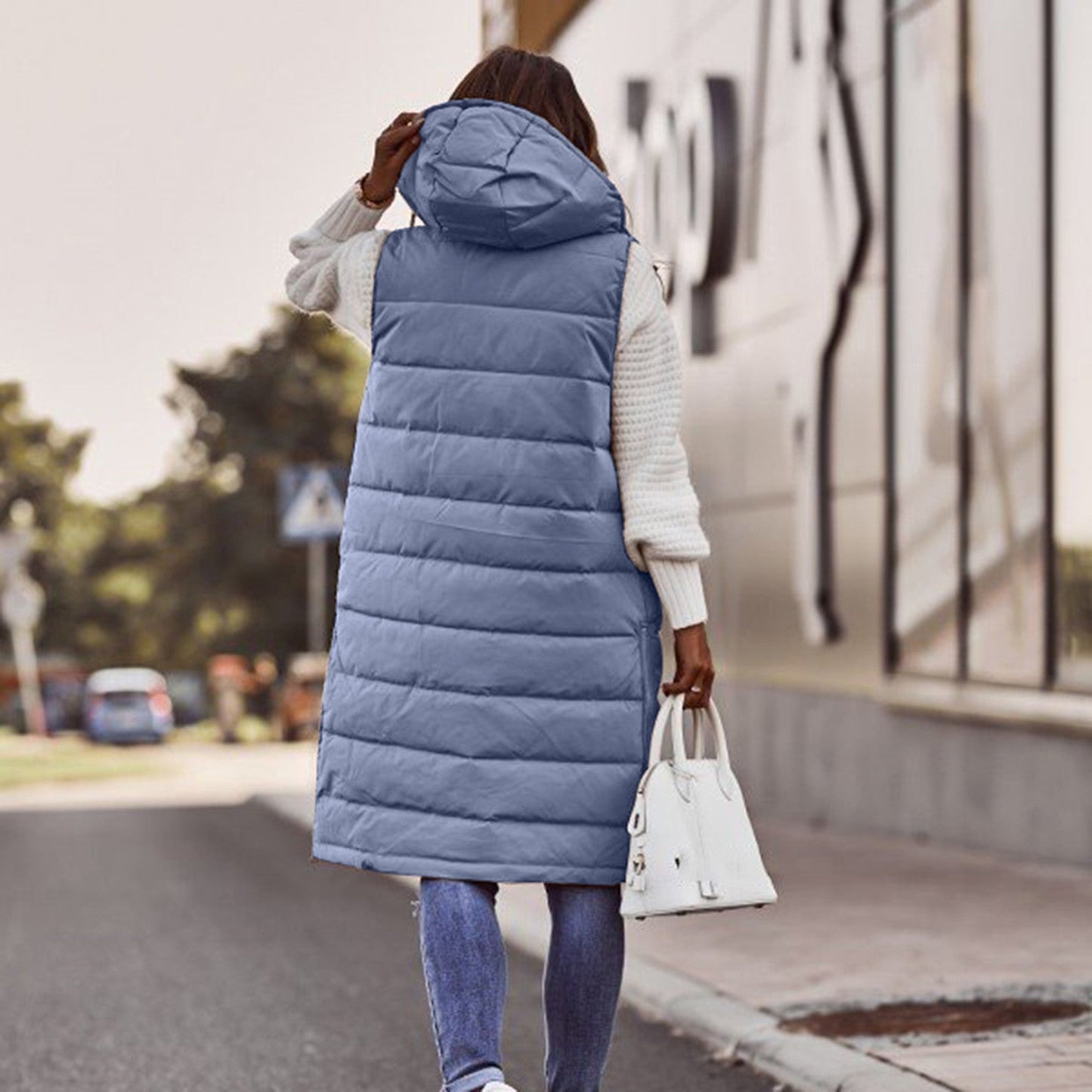 Women’s Long Bodywarmer – Quilted Padded – Oversized Fit – Hooded Sleeveless Layer