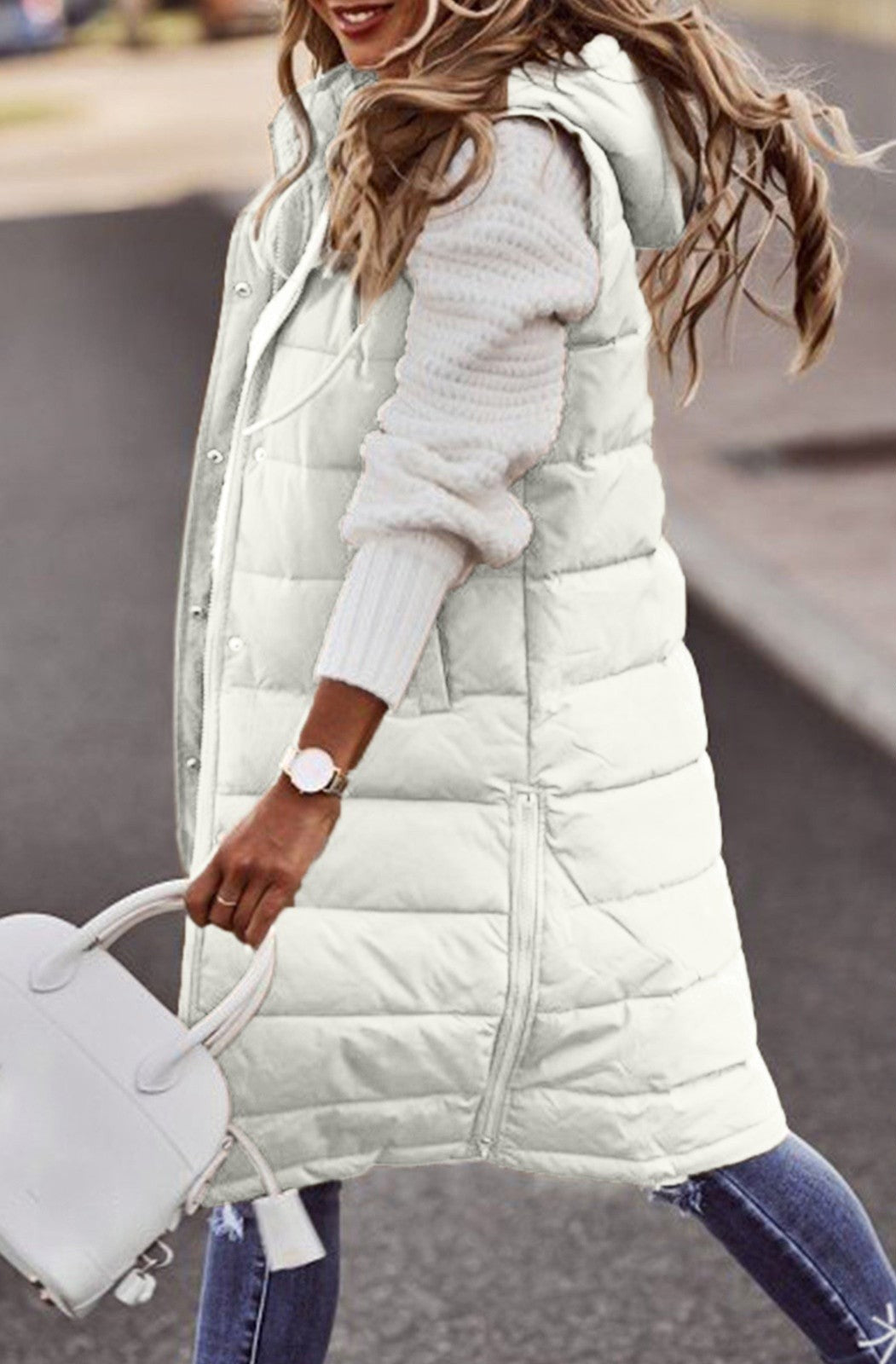 Women’s Long Bodywarmer – Quilted Padded – Oversized Fit – Hooded Sleeveless Layer
