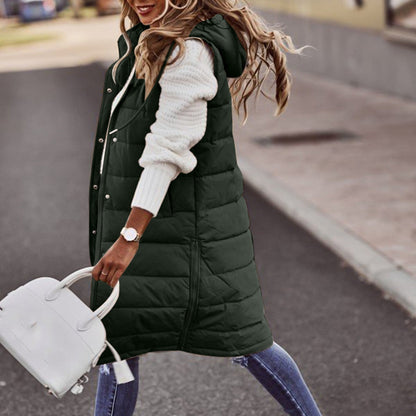 Women’s Long Bodywarmer – Quilted Padded – Oversized Fit – Hooded Sleeveless Layer