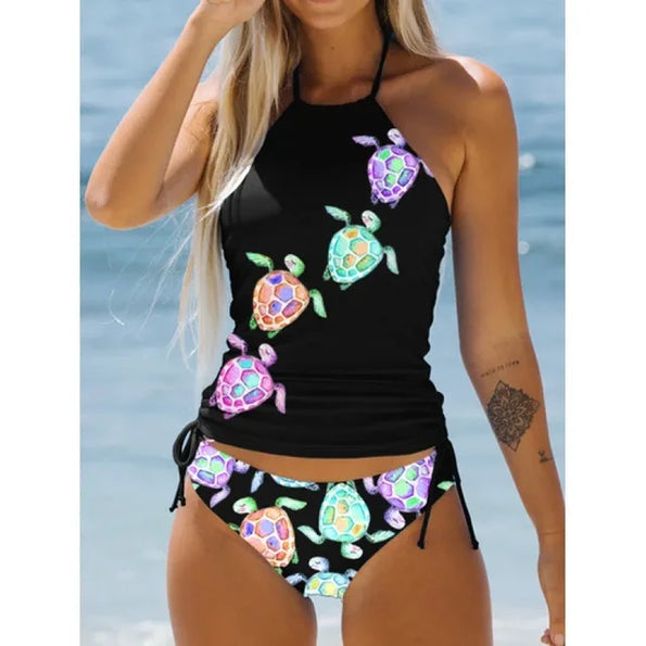 Women’s Swimsuit Set – Halter Neck Top – Printed Design – Adjustable Ruched Bottoms