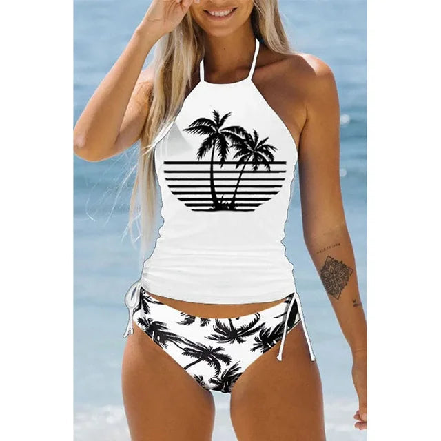 Women’s Swimsuit Set – Halter Neck Top – Printed Design – Adjustable Ruched Bottoms