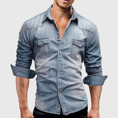 Men’s Denim Shirt – Slim Fit – Long Sleeve – Button Down – Chest Pockets