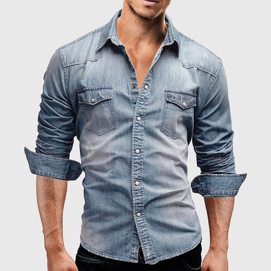 Men’s Denim Shirt – Slim Fit – Long Sleeve – Button Down – Chest Pockets