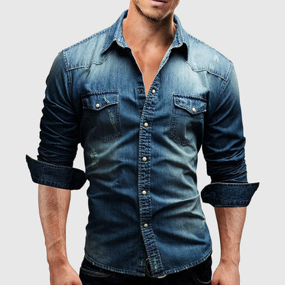 Men’s Denim Shirt – Slim Fit – Long Sleeve – Button Down – Chest Pockets