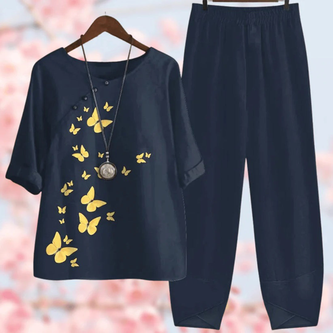 Women’s Two-Piece Set – Relaxed Fit – Cotton Blend – Elbow Sleeve – Button Detail