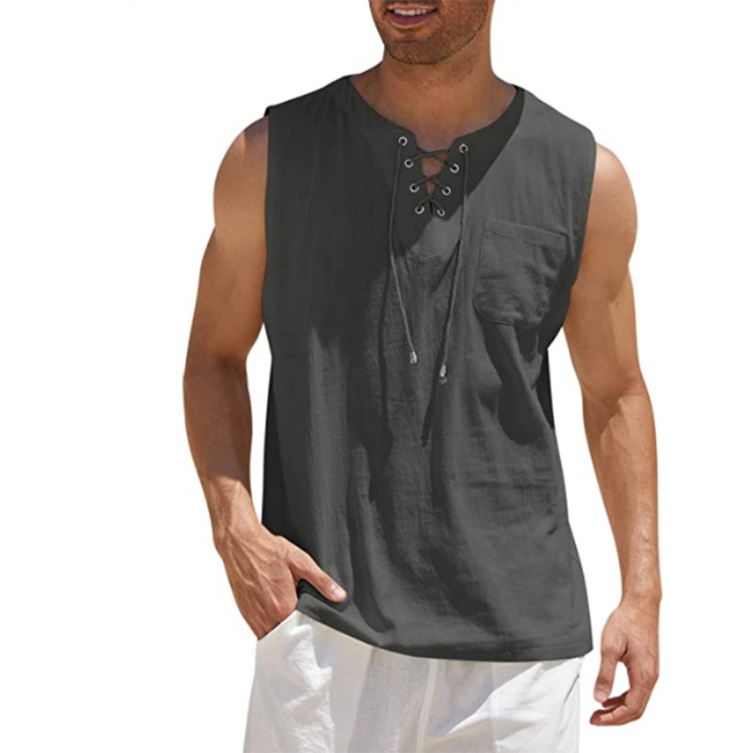 Men’s Sleeveless Shirt – Relaxed Fit – Breathable Blend – Lace-Up Front – Chest Pocket