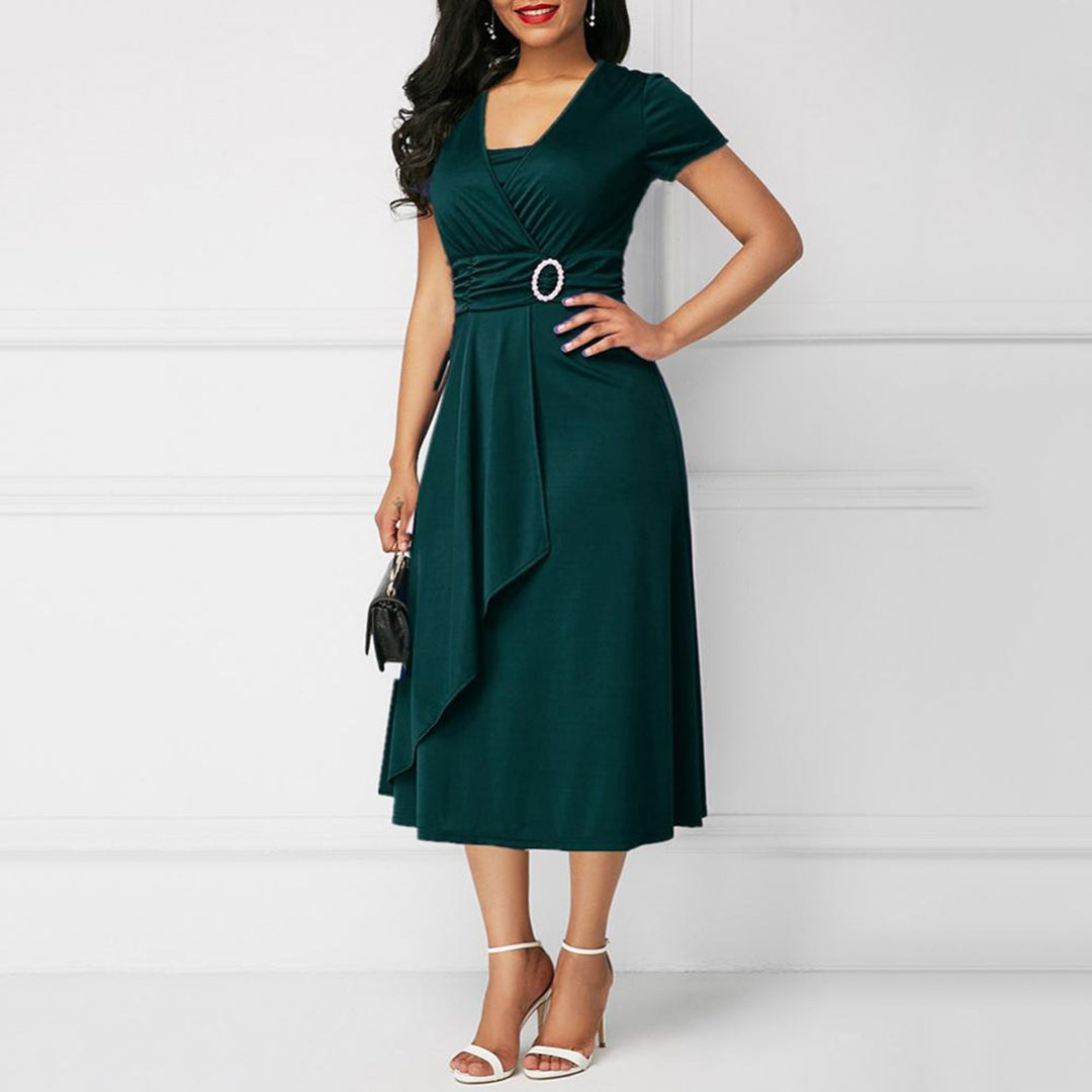 Women's Midi Dress - Wrap V-Neck - Short Sleeve A-Line - Belted Waist Elegant Fit