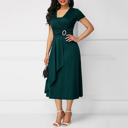 Women's Midi Dress - Wrap V-Neck - Short Sleeve A-Line - Belted Waist Elegant Fit