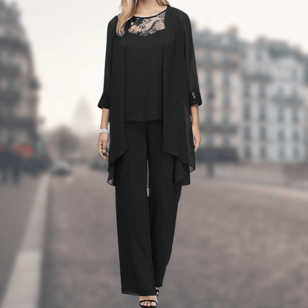 Women’s Three-Piece Set – Relaxed Fit – Wide-Leg Pants – Lace Detail – Lightweight