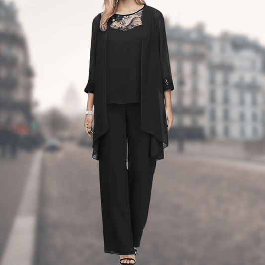 Women’s Three-Piece Set – Relaxed Fit – Wide-Leg Pants – Lace Detail – Lightweight