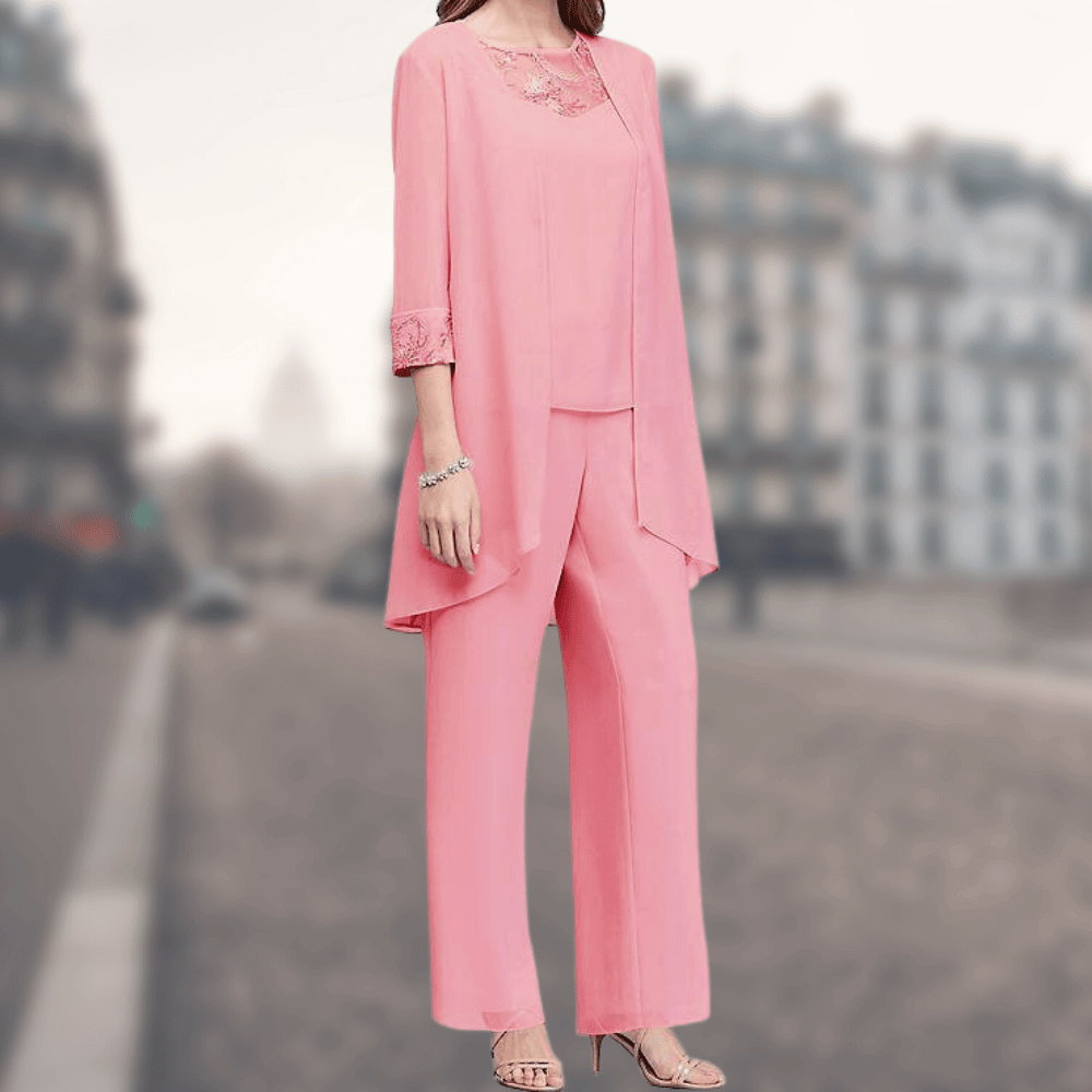 Women’s Three-Piece Set – Relaxed Fit – Lace Trim – Wide-Leg – High-Waist Pants