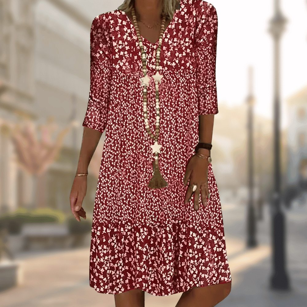 Women's Midi Dress - Floral Print - V-Neck - 3/4 Sleeve - Relaxed Fit Casual Wear