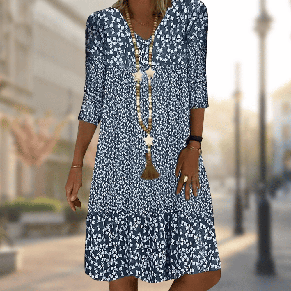 Women's Midi Dress - Floral Print - V-Neck - 3/4 Sleeve - Relaxed Fit Casual Wear