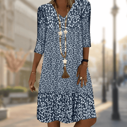 Women's Midi Dress - Floral Print - V-Neck - 3/4 Sleeve - Relaxed Fit Casual Wear