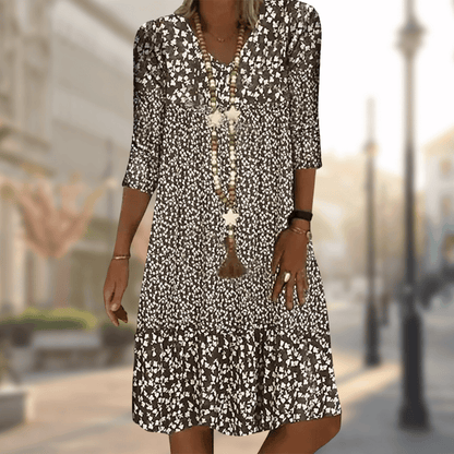 Women's Midi Dress - Floral Print - V-Neck - 3/4 Sleeve - Relaxed Fit Casual Wear