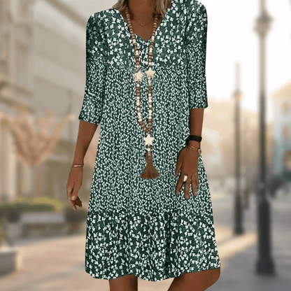 Women's Midi Dress - Floral Print - V-Neck - 3/4 Sleeve - Relaxed Fit Casual Wear