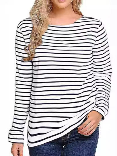 Women’s Blouse – Relaxed Fit – Cotton Blend – Crew Neck – Long Sleeve – Striped