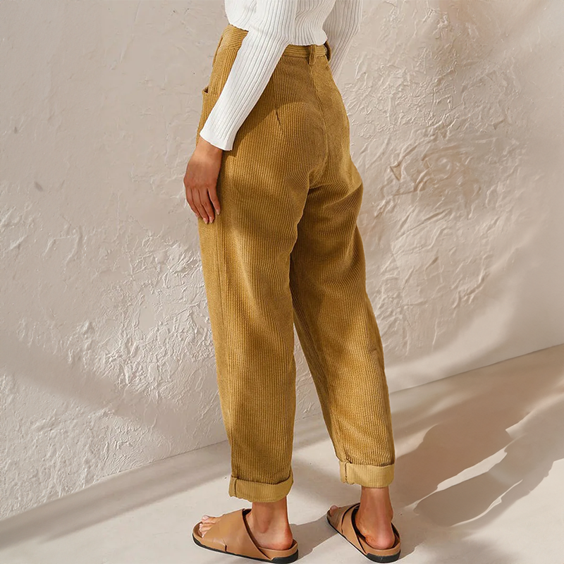 Women’s Tapered Pants – Relaxed Fit – Pleated Front – High Waist – Soft Ribbed Fabric