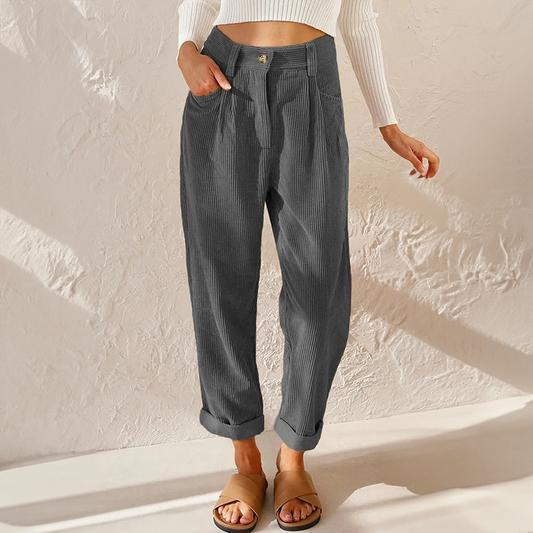 Women’s Tapered Pants – High Waist – Relaxed Fit – Ribbed Texture – Pleated Front