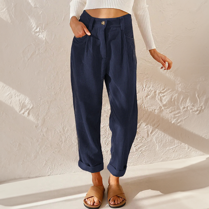 Women’s Tapered Pants – Relaxed Fit – Pleated Front – High Waist – Soft Ribbed Fabric