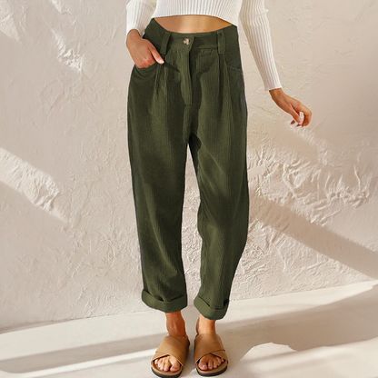 Women’s Tapered Pants – Relaxed Fit – Pleated Front – High Waist – Soft Ribbed Fabric