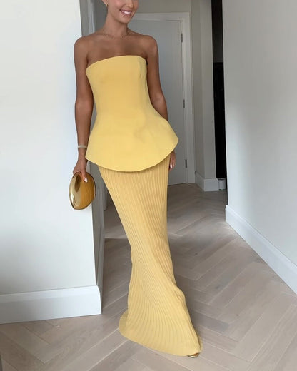 Women’s Maxi Dress – Strapless – Peplum Waist – Pleated Skirt – Formal Fit