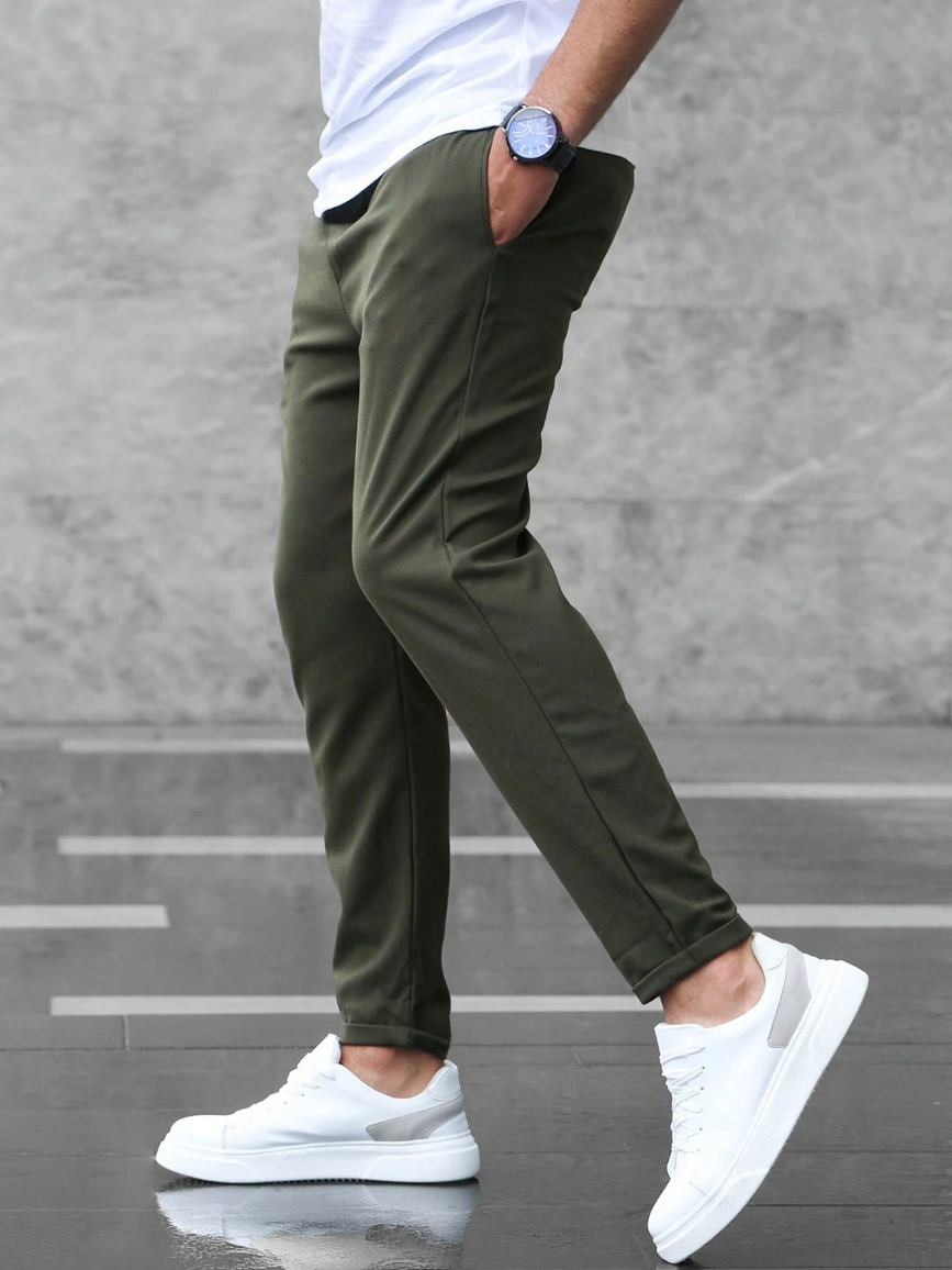 Men’s Slim Fit Pants – Cotton Blend – Elastic Waist – Drawstring – Full Length