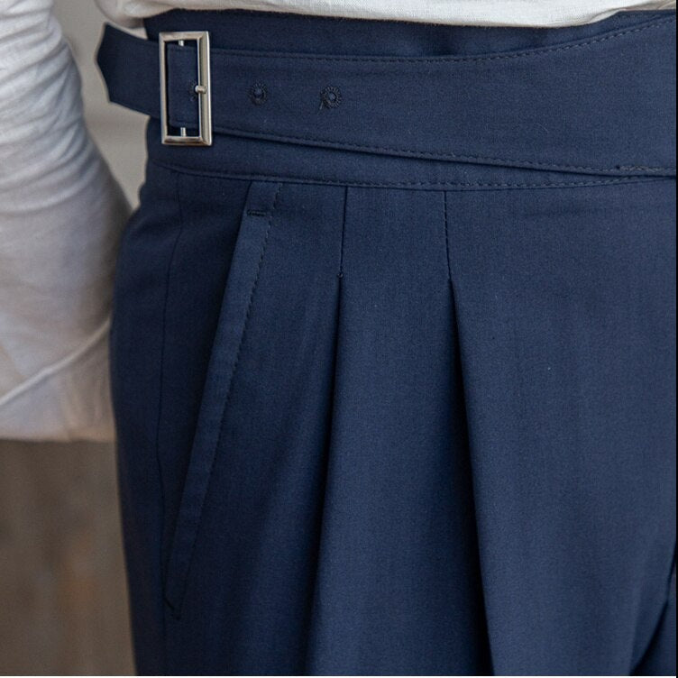 Men’s High-Waisted Trousers – Tailored Fit – Pleated Front – Adjustable Side Buckle
