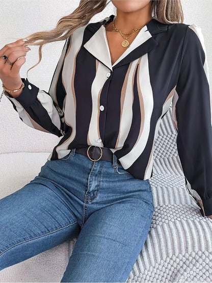 Women’s Blouse – Relaxed Fit – Vertical Stripes – Button Front – Lightweight Cotton
