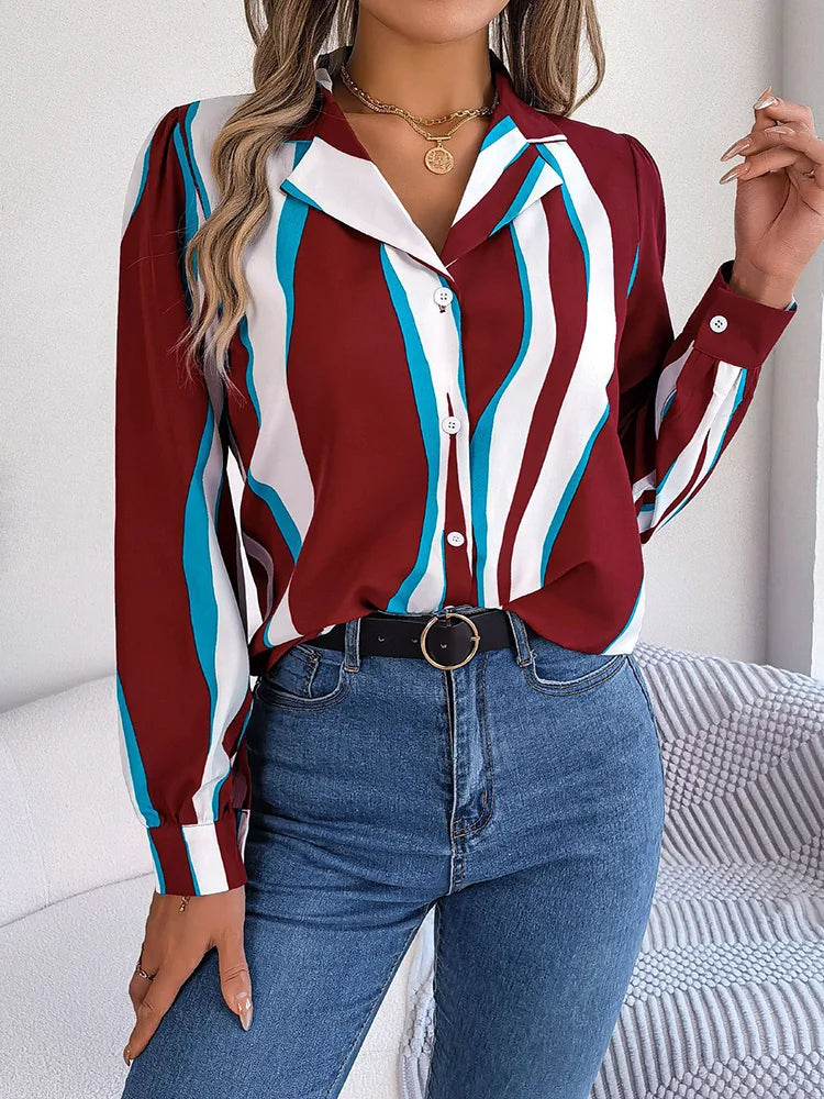 Women’s Blouse – Relaxed Fit – Vertical Stripes – Button Front – Lightweight Cotton