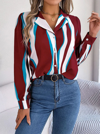 Women’s Blouse – Relaxed Fit – Vertical Stripes – Button Front – Lightweight Cotton