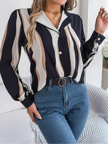 Women’s Blouse – Relaxed Fit – Vertical Stripes – Button Front – Lightweight Cotton