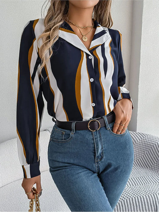 Women’s Blouse – Relaxed Fit – Vertical Stripes – Button Front – Lightweight Cotton