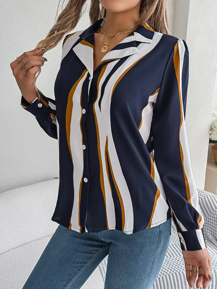 Women’s Blouse – Relaxed Fit – Vertical Stripes – Button Front – Lightweight Cotton