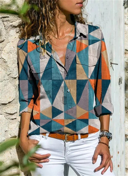 Women’s Blouse – Relaxed Fit – Button-Down – Rolled Sleeve – Cotton Blend – Pattern Print