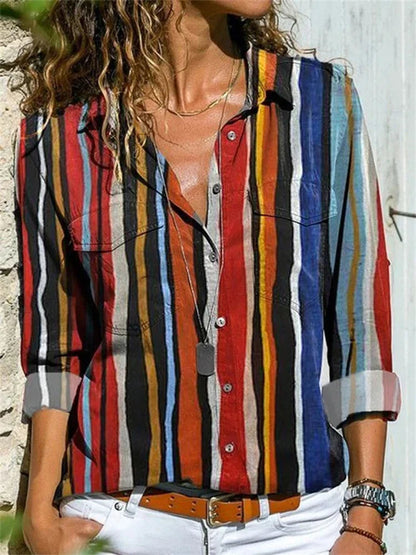 Women’s Blouse – Relaxed Fit – Button-Down – Rolled Sleeve – Cotton Blend – Pattern Print
